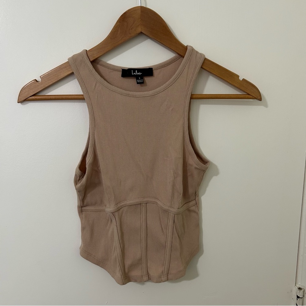 Lulu's | Beige Ribbed Corset Seam Sleeveless Crop Top Tank Top | Size Small